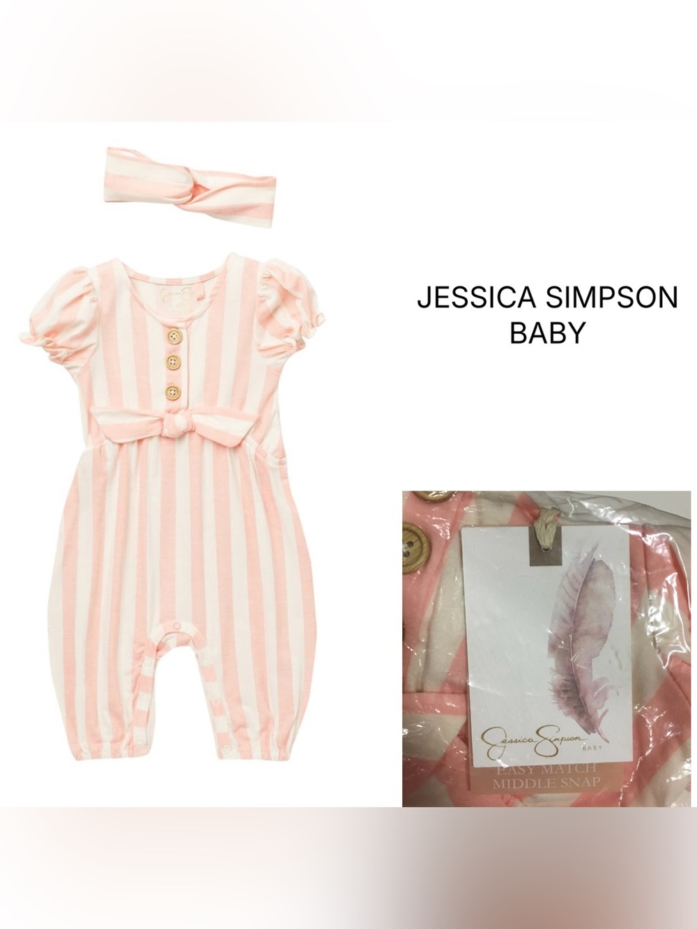 JESSICA SIMPSON BABY - 3/6M - NWT - 2PC PINK STRIPE COVERALL AND HEADBAND